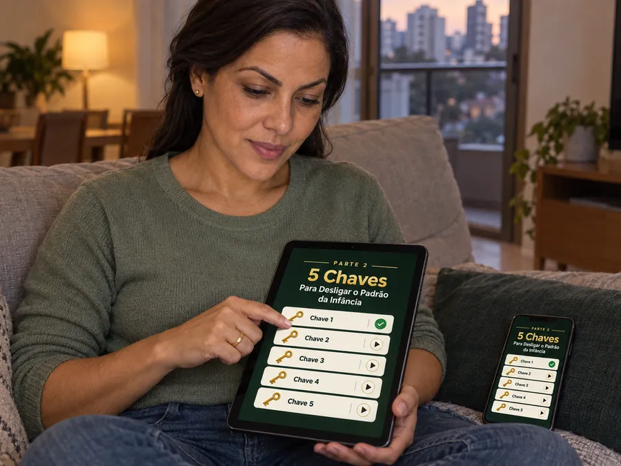 Mulher no sofá vendo as 5 Chaves no tablet