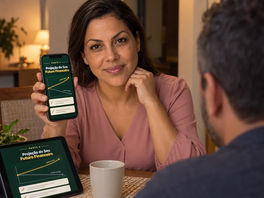 Mulher sorrindo à mesa de jantar, ao lado do marido, com o mapa do futuro no celular